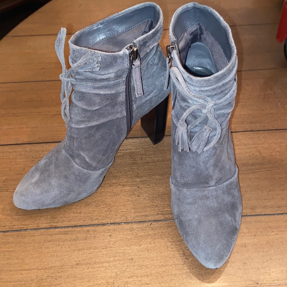 Boots, Gray Suede High Heel Ankle Boots.